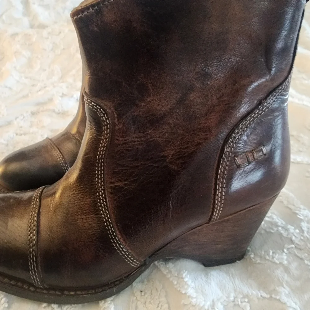 Bed Stu Brown Leather Gentry Wedge Ankle Booties